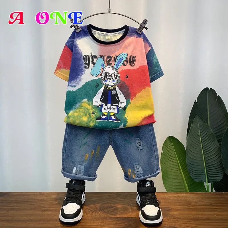 

summer boys set clothes baby clothing kids t-shirt + shorts 2 pcs set fashion Planet Rabbit Denim suit clothes 2-12yrs