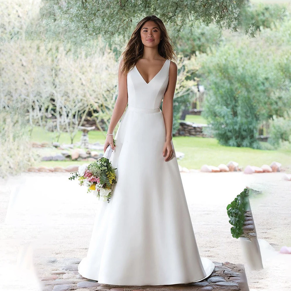 Zarif-line v yaka düğün elbisesi saten basit gelin elbiseleri kolsuz dantel arka Vestido De Noiva bornoz De Mariee özel yapılmış