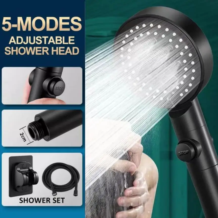 

Регулируемая Лейка для душа высокого давления с кнопкой остановки, 6 режимов, черный водосберегающий фильтр, аксессуары для ванной комнаты