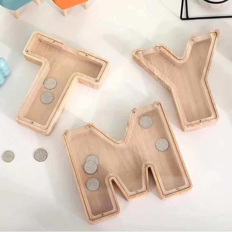 

English Letter Wooden Money Storage Box Piggy Bank Coin Bank Creative Alphabet Saving Box Decoration Home Decoration Gift