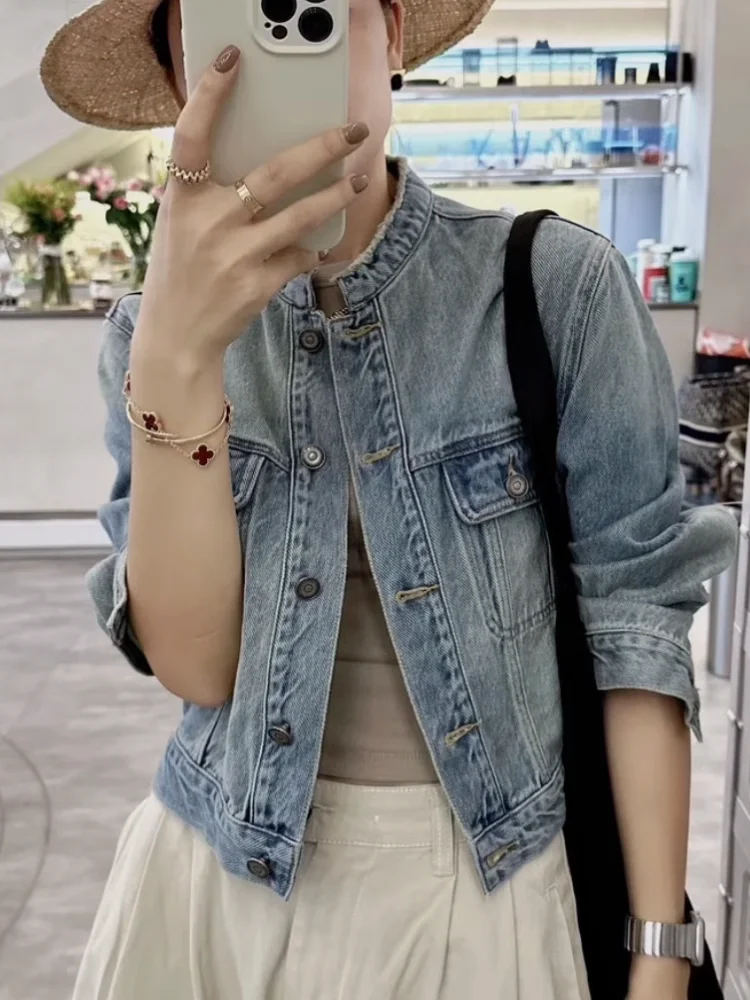 Korean Sle New Stand Collar Denim coat Women Spring and Autumn Loose Small Retro Versatile Crop jacket Fashion Top |