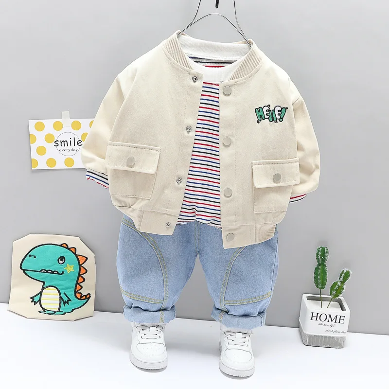 Baby Boys Girls Clothing Sets 2021 Spring Autumn Toddler Cartoon Dinosaur Coats Stripe T Shirt Jeans Children Kids Costume