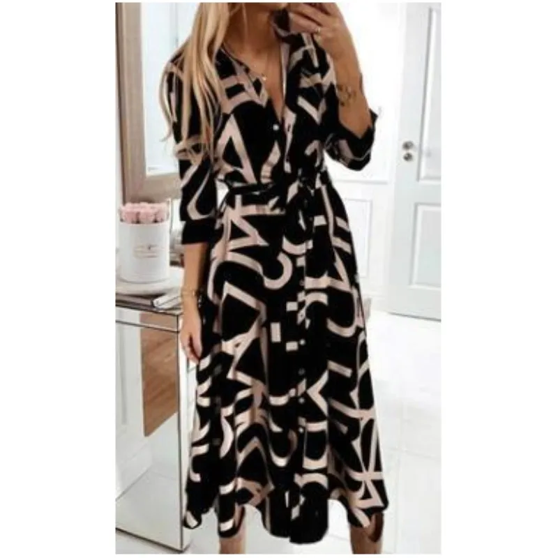 

Elegant Women's Dresses 2023 Spring Autumn Season Lady Fashion Print V-neck Button Lace Up Long Dress Female Robe S-XXXXL