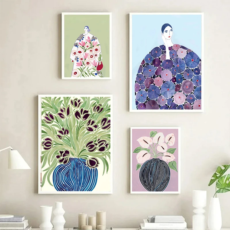 Ваза с тюльпанами и огнями Женское пальто цветочные плакаты зеленые абстрактные