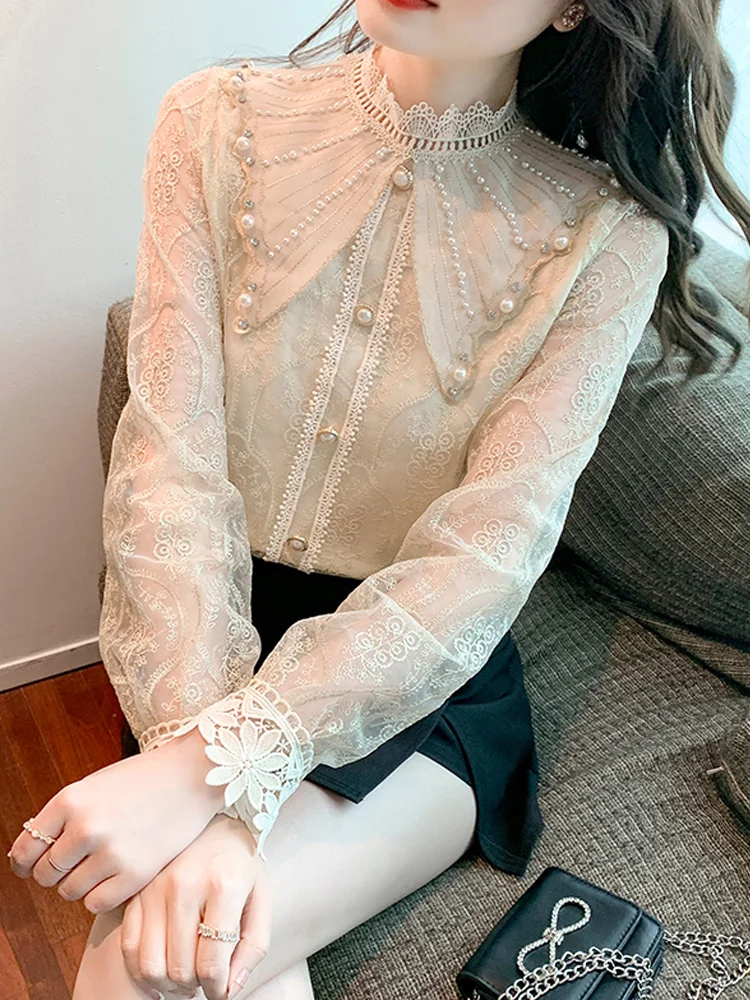 

French Half High Collar Beaded Lace Shirt Luxury Heavy Industry Embroidery Crochet Shirts