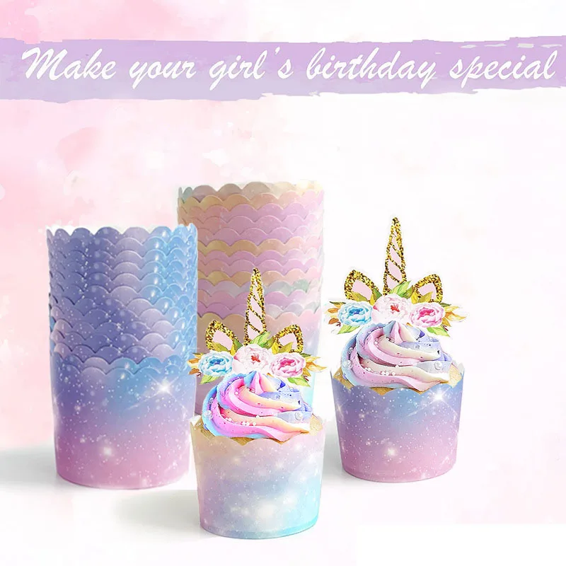 

50Pcs New Gradient Color Starry Sky Oil Proof Muffin Cupcake Paper Case Unicorn Birthday Party Theme Cupcake Wrapper Baking Cups