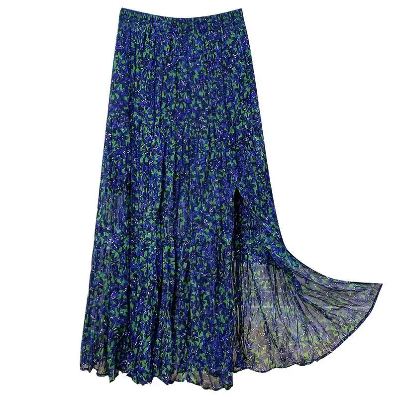 

Women Summer Chiffon Floral Print Skirt 2022 Casual Pleated Elastic High Waist A-line Elegant Mid-length Skirt for Women H39