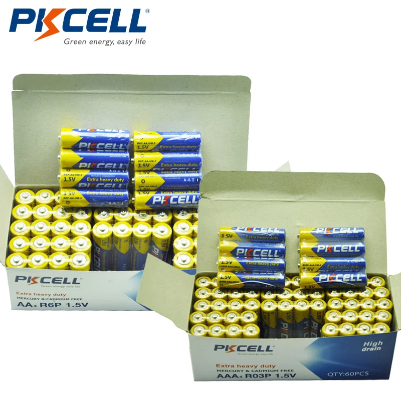 

120 piece combo pack PKCELL 1.5V Extra Heavy Duty Battery 60pcs AA R6P+ 60pcs AAA R03P Carbon-Zinc Single Use Dry Batteries