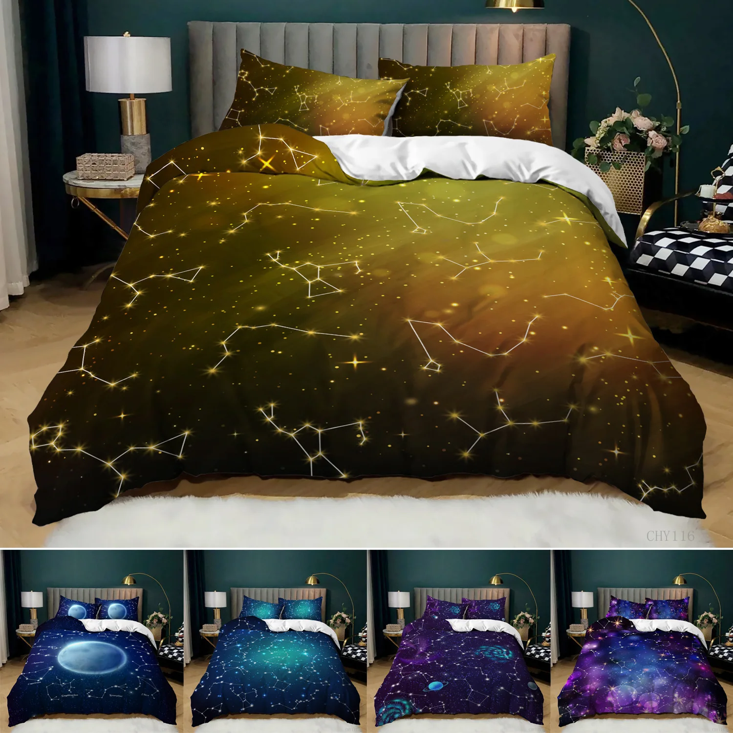 

Constellation Duvet Cover Set King Size Golden Stars Printed On Golden Gradient Sky Soft Microfiber Twin Bedding Set For Teens