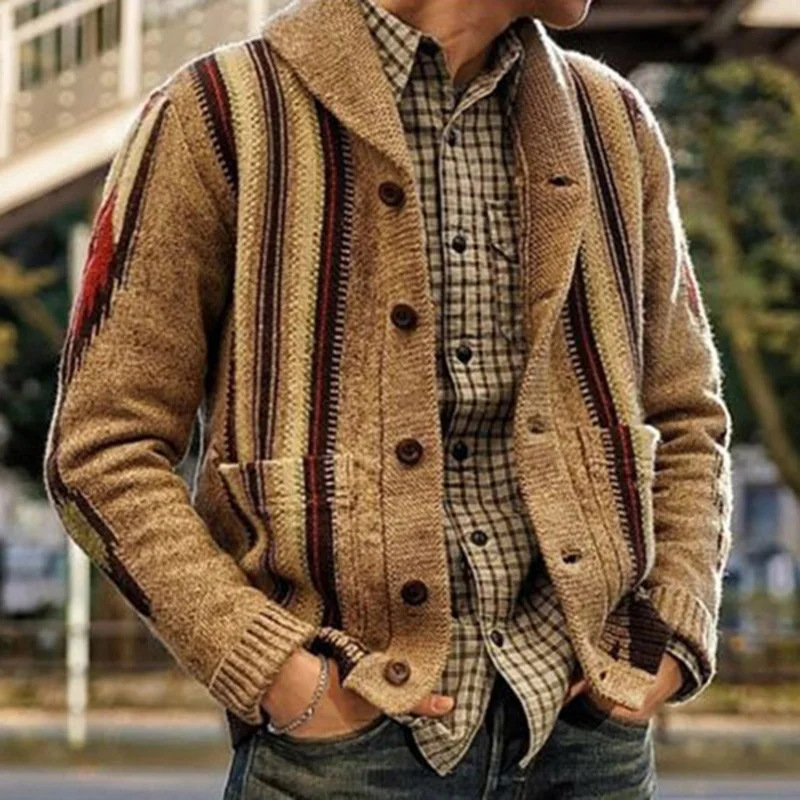 Retro Men Long Sleeve Autumn Winter Thick Cardigan Male Lapel Loose Button Pocket Sweatercoat Streetwear Warm Casual Knitted Top