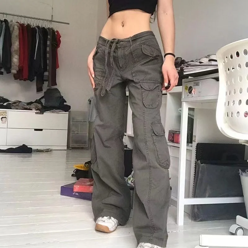 

Fashion American Trousers High Street Retro Gray Cargo Pants Woman Sexy Low Waist Baggy Pants Casual Trousers Streetwear