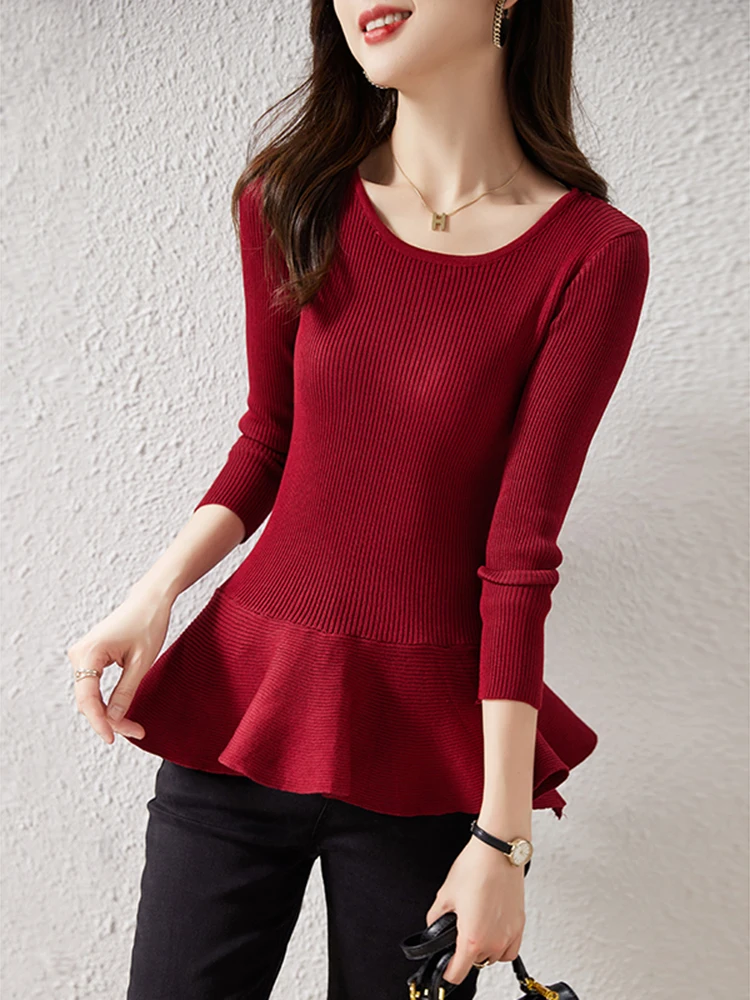 

2023 Women's Autumn Temperament New Long Sleeve Elastic Knit Slim Waist Waist Skirt Fit Slimming Skirt Top D4354