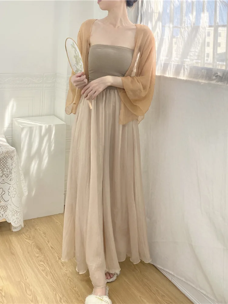 

Elegant Women High Elastic Waist Empire A-line Shiny Big Swing Fairy Skirt Double Layer Cotton Linen Ankle-Length Skirts BCU5