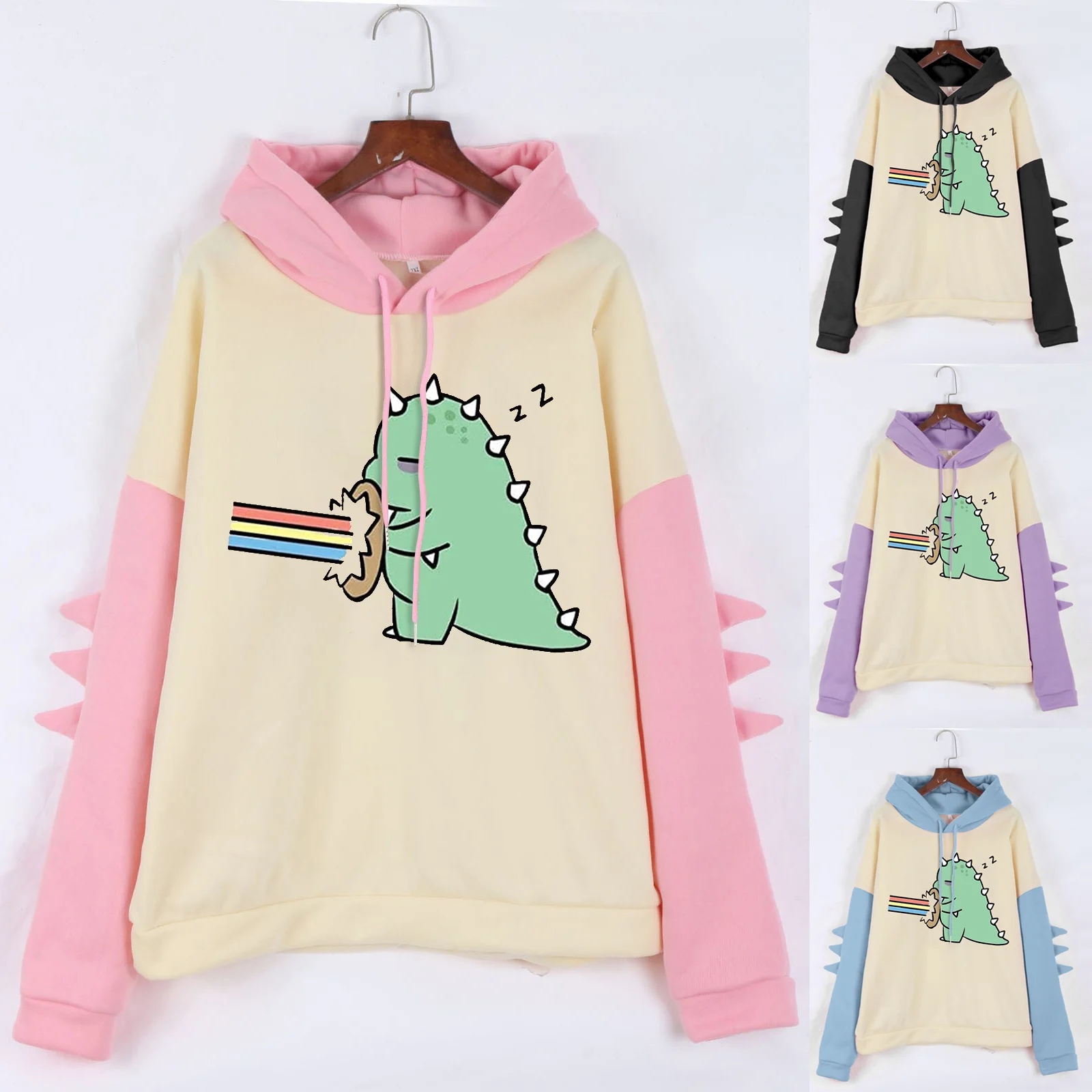 

Легкий свитер с капюшоном с длинным рукавом и маленьким динозавром, Женский Повседневный Топ с длинным рукавом и принтом в виде панелей, тол...