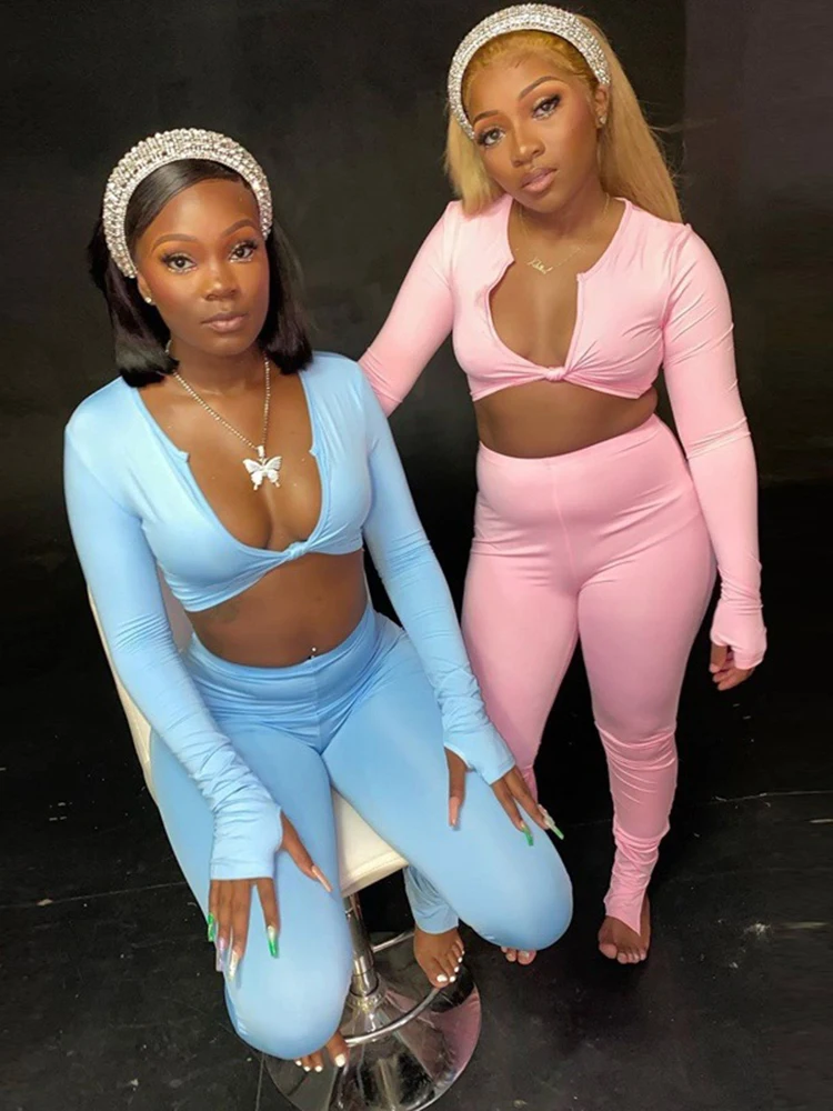 

Женский комплект из 2 предметов SIBYBO, сексуальный укороченный топ с длинными рукавами и завязками, повседневные спортивные костюмы