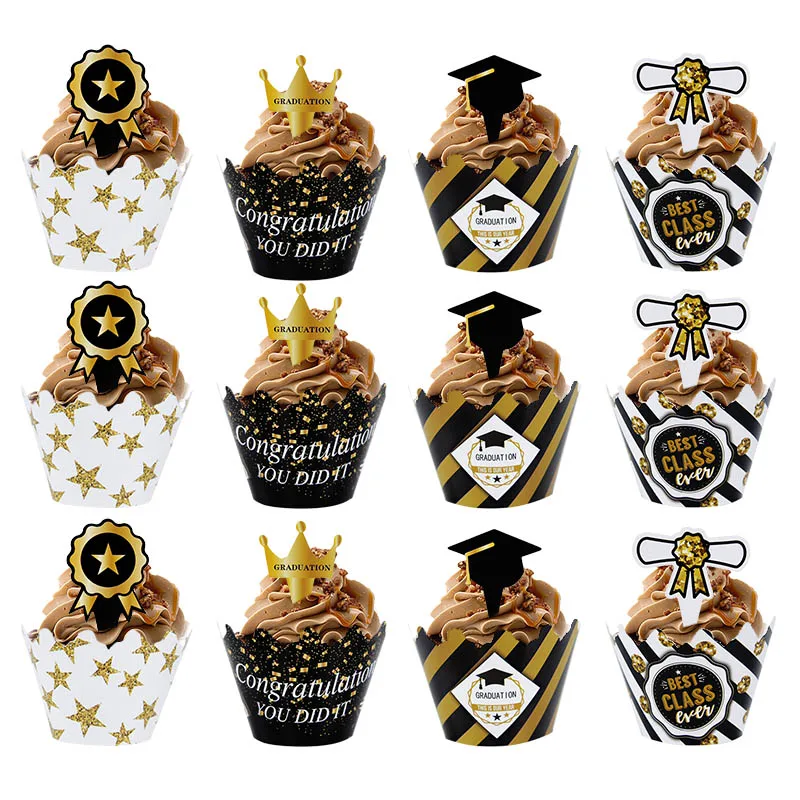 

24pcs/set Graduation Cupcake Wrappers Congrats Grad Class of Cake Toppers Graduations College Celebration Party Cake Decorations