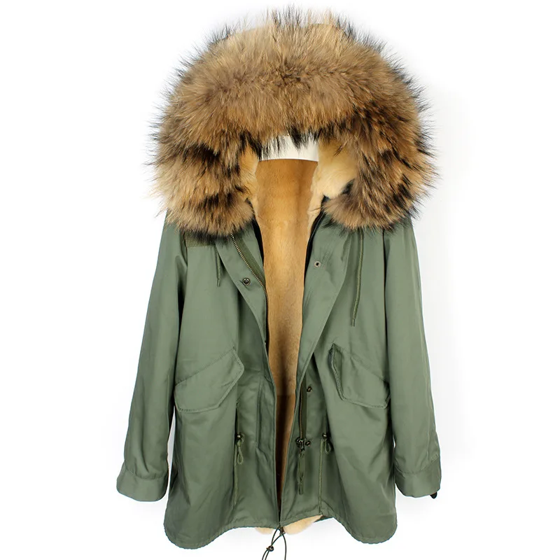 

Real Rabbit Fur Coat Women Winter Natural Fur Jacket Fashion Parkas Real Fur Collar Hooded Streetwear Long Overcoat Streetwear