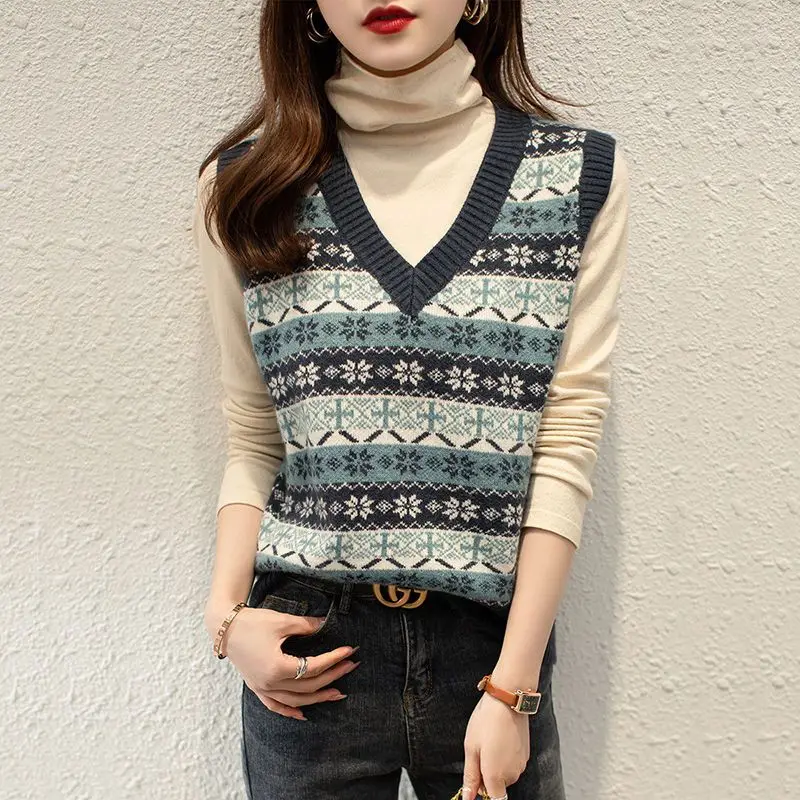 Женский свитер жилет 2024 синие вязаные топы для женщин тренд с v-образным вырезом