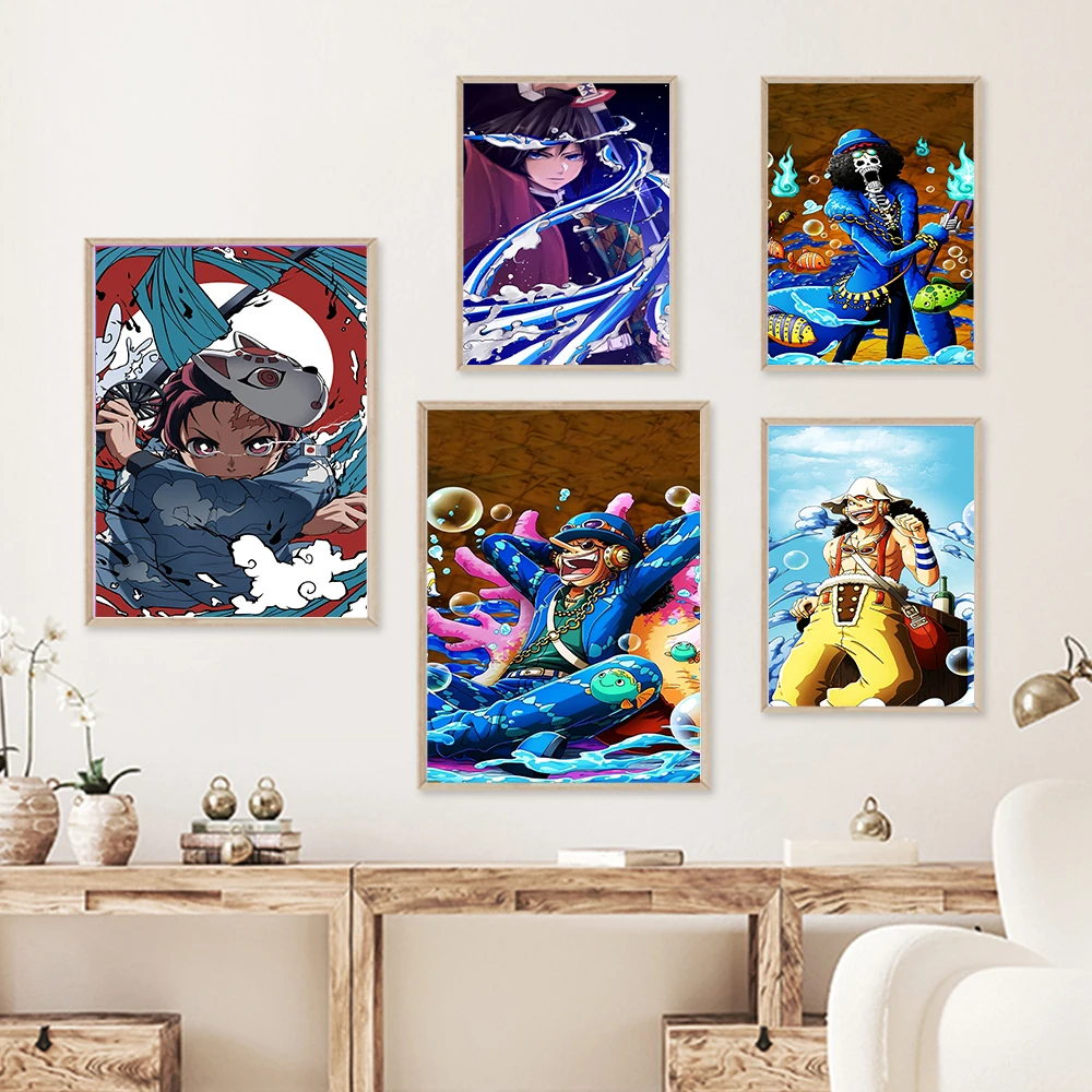 

Pop Anime Posters One Piece and Demon Slayer Abstract Canvas Painting Usopp Tanjirou Character Pictures Wall Art Kids Room Decor