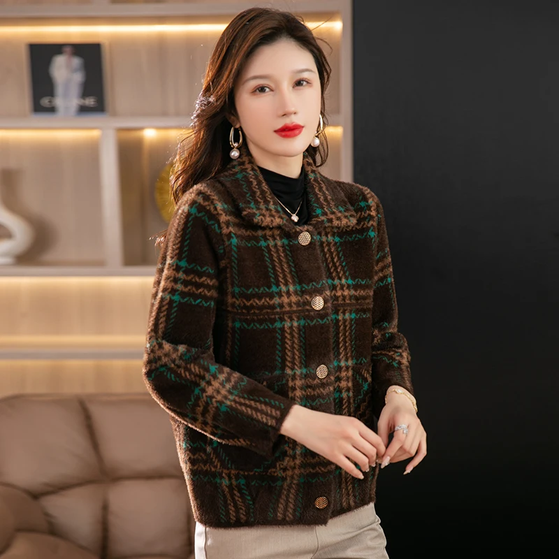 2022 Winter Autumn Women Imitation Mink Cashmere Jackets Plaid Turn Down Collar Single-Breasted Soft Warm Coats Female Outerwear