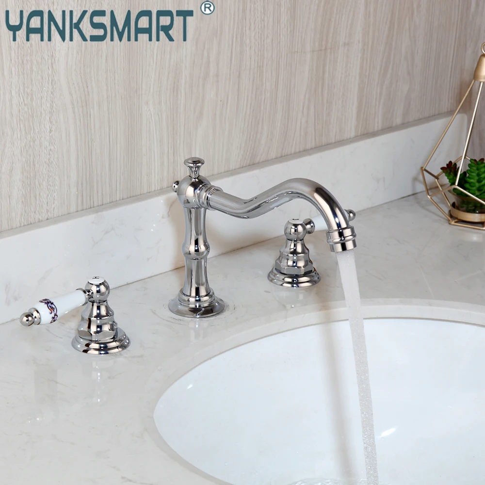 

YANKSMART Bathroom Bathtub Retro Spout Chrome Polished 3 Pcs 2 Ceramics Handles Basin Sink Brass Faucets Deck Mounted Mixer Tap