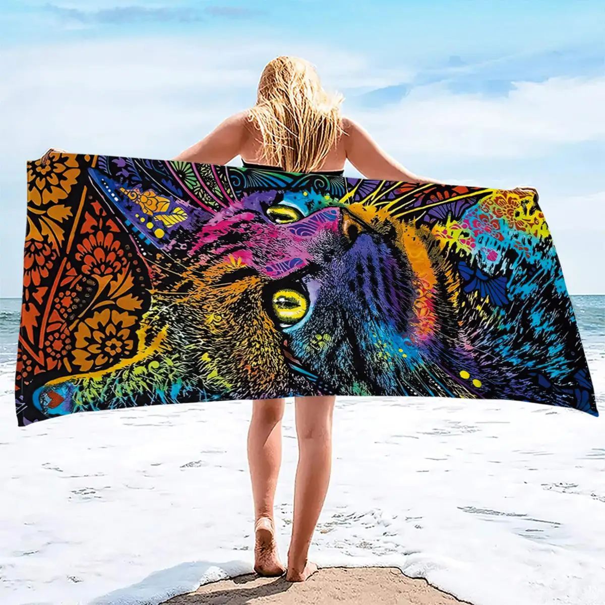 1 шт. пляжное полотенце с красочным принтом кота большого размера легкое для