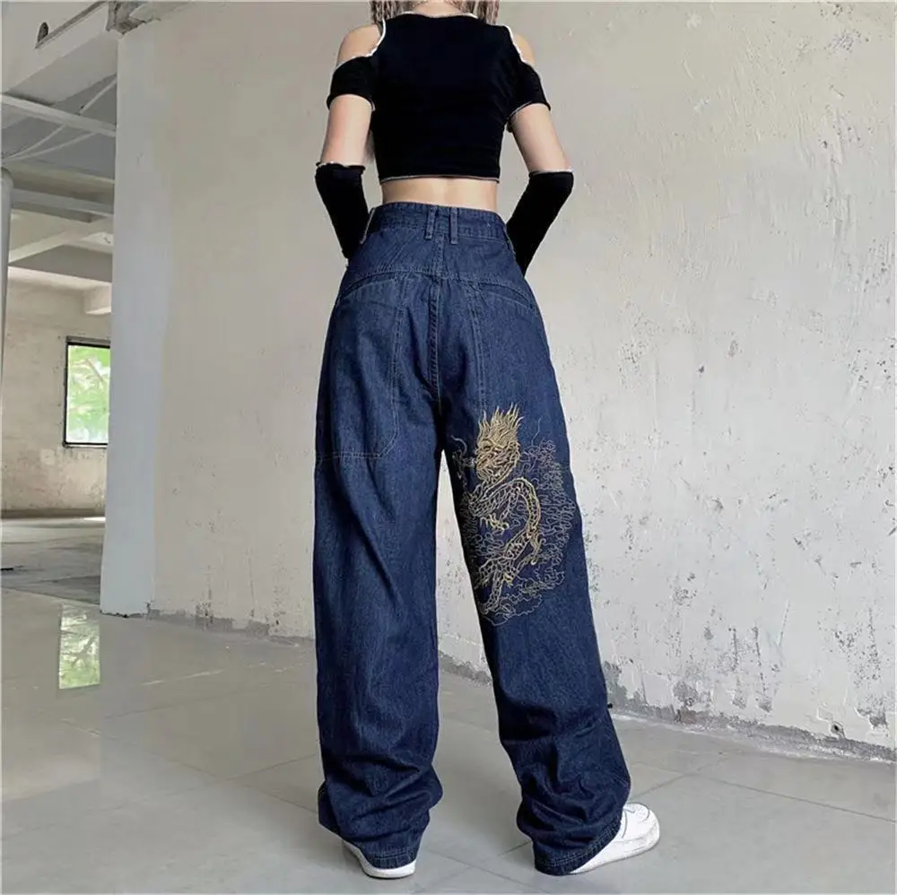 

New Retro Baggy jeans Street hiphop Embroidery straight-leg jean women casual all-match high waist mopping wide-leg Denim Pants