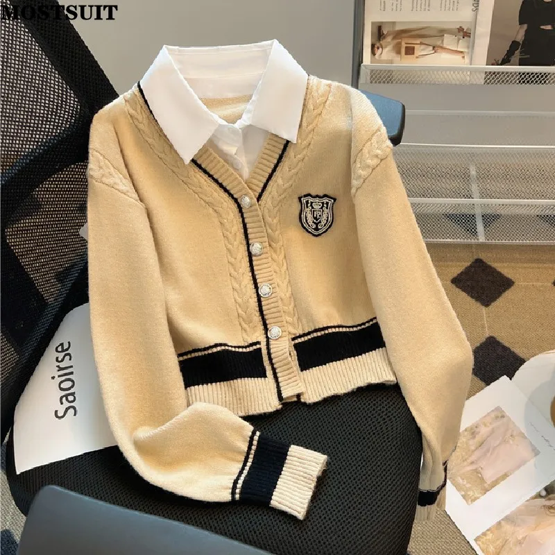 

Женский кардиган с длинным рукавом, элегантный винтажный однобортный Кардиган с имитацией двух предметов, модель 2023 в Корейском стиле