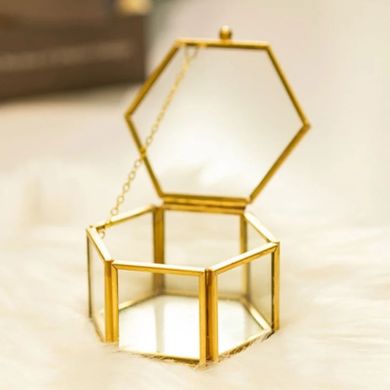 Mini retro gold copper strip hexagonal small glass box open cover jewelry ring box to store small ornaments