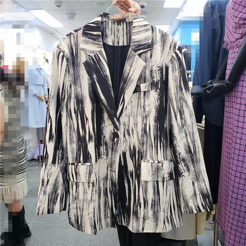 

Spring Autumn New Women Fashion Vintage Tie Dye Print Suit Jacket Notched Collar Long Sleeve Casual Blazers Outerwear Streetwear