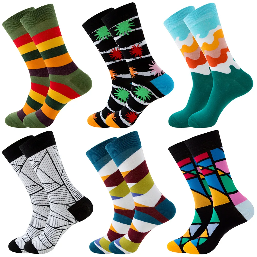 6pairs Geometry Printed Socks Woman Spring Autumn Thigh High Socks Men Plus Size Cotton Stockings Funny Socks Unisex Happy Socks