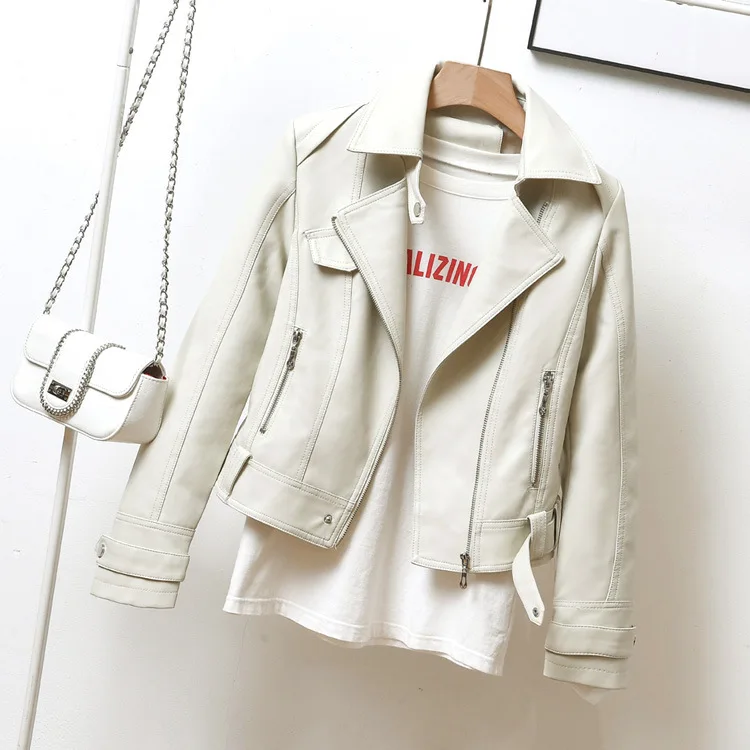 2023 autumn new handsome locomotive short small leather coat female slim-fit show slim top lapel leather jacket