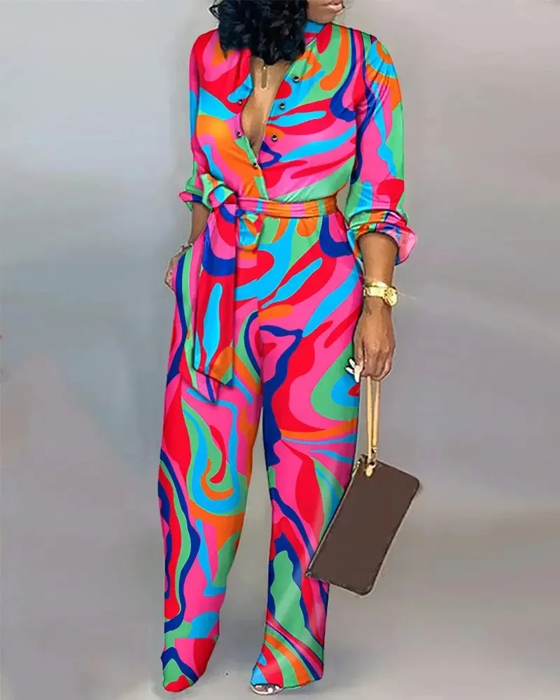 

Fashion Streetwear Abstract Print Button Front Belted Jumpsuit Loose Light Chiffon Clothes Summer Aesthetic Jumpsuit for Women