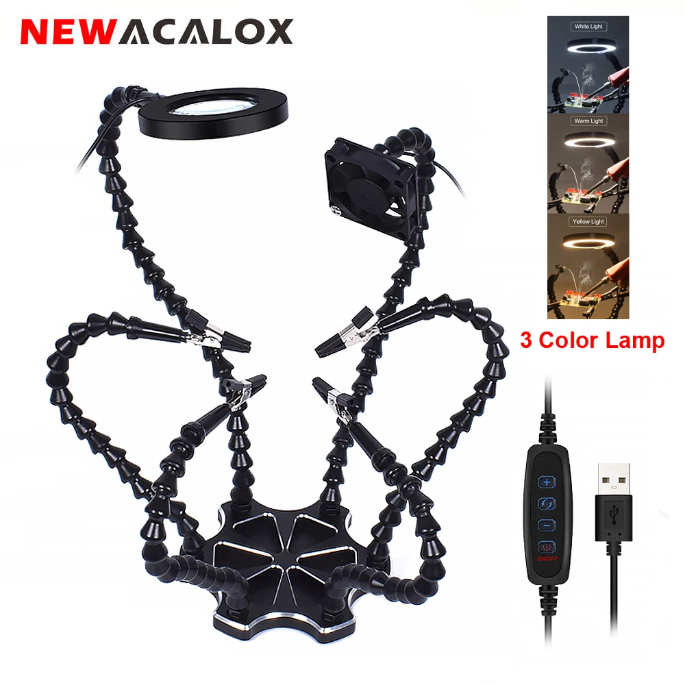 

NEWACALOX Soldering Helping Hands Repair Tool Third Hand PCB Holder Tool 6pcs Flexible Arms with 3X LED Magnifying Lamp DIY Fan