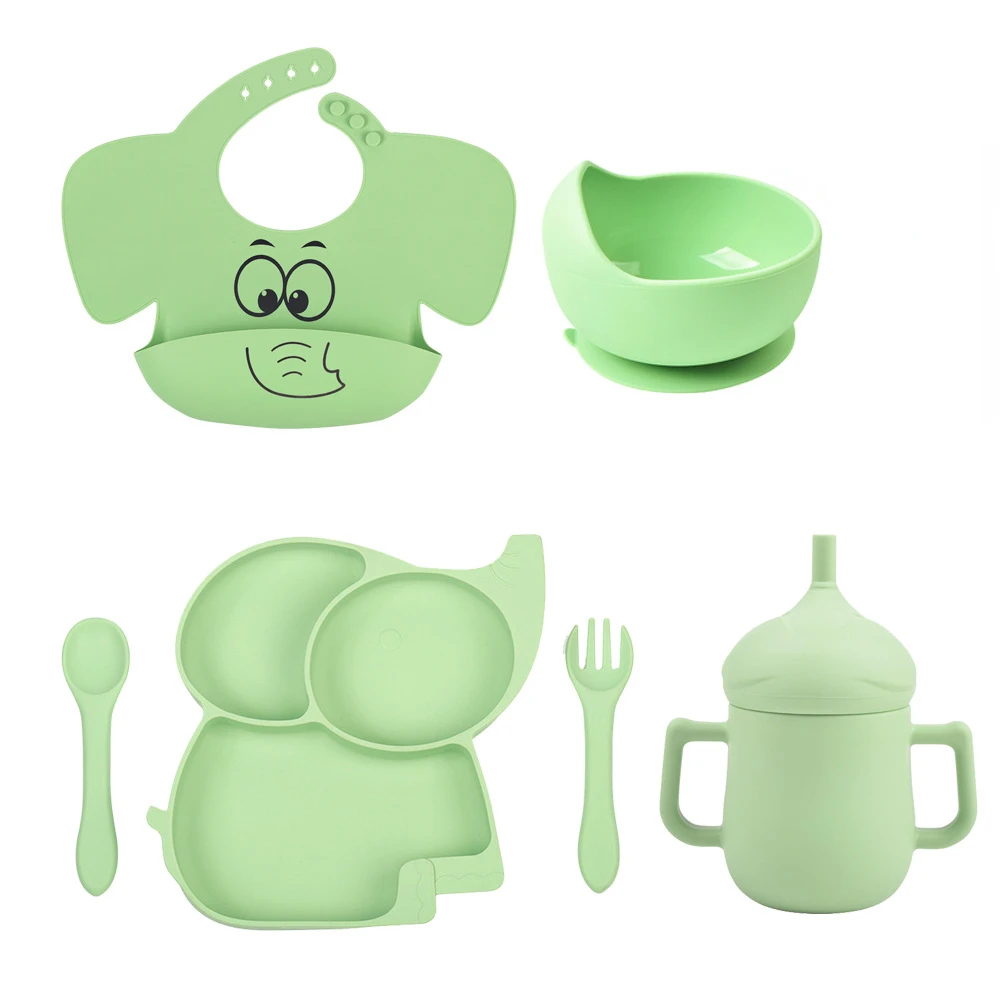 

Baby Tableware Silicone Dining Plate Suction Bowl Cup Bibs Spoon Fork Cute Cartoon Elephant Children Feeding Dishes BPA Free