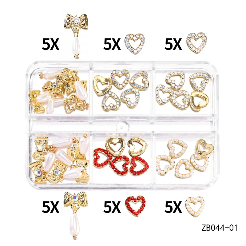 

1 Box Alloy Nail Rhinestone Gold Color Hollow Heart Flat Bottom Nail Art 3D Decoration Long Bowknot Drop Pendant DIY Nail Charms