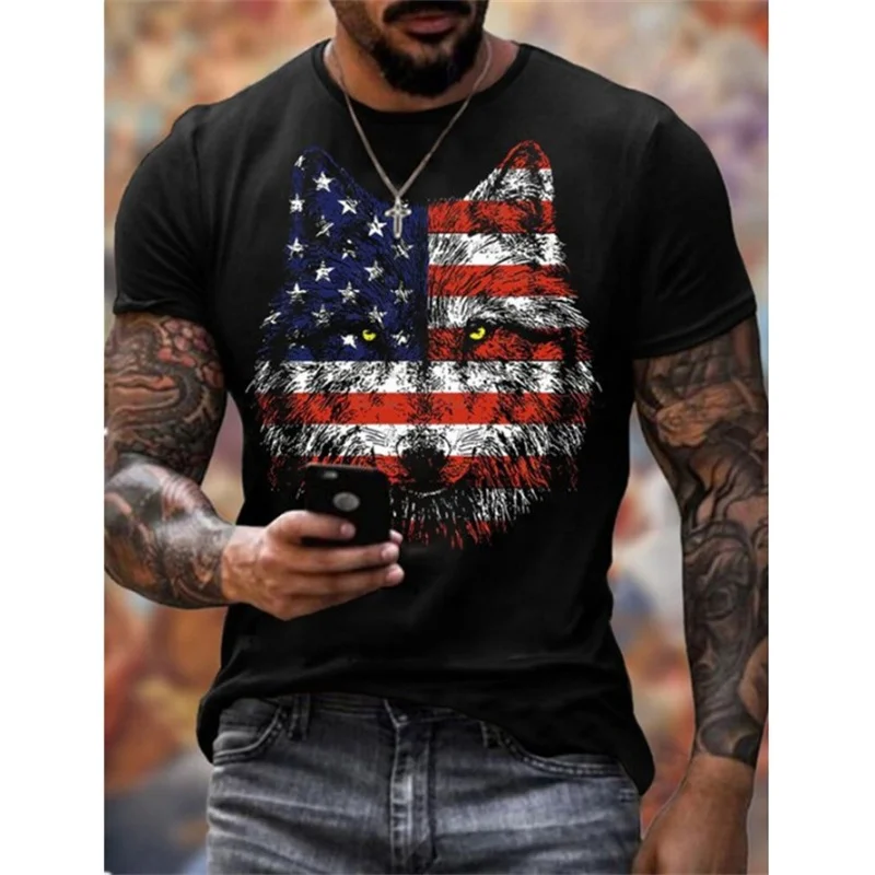 

National Flag Male T Shirt Print Wolf Head Summer Shirt Casual Men's Oversized Clothing O-Neck Man Top Everyday Short Sleeve Tee