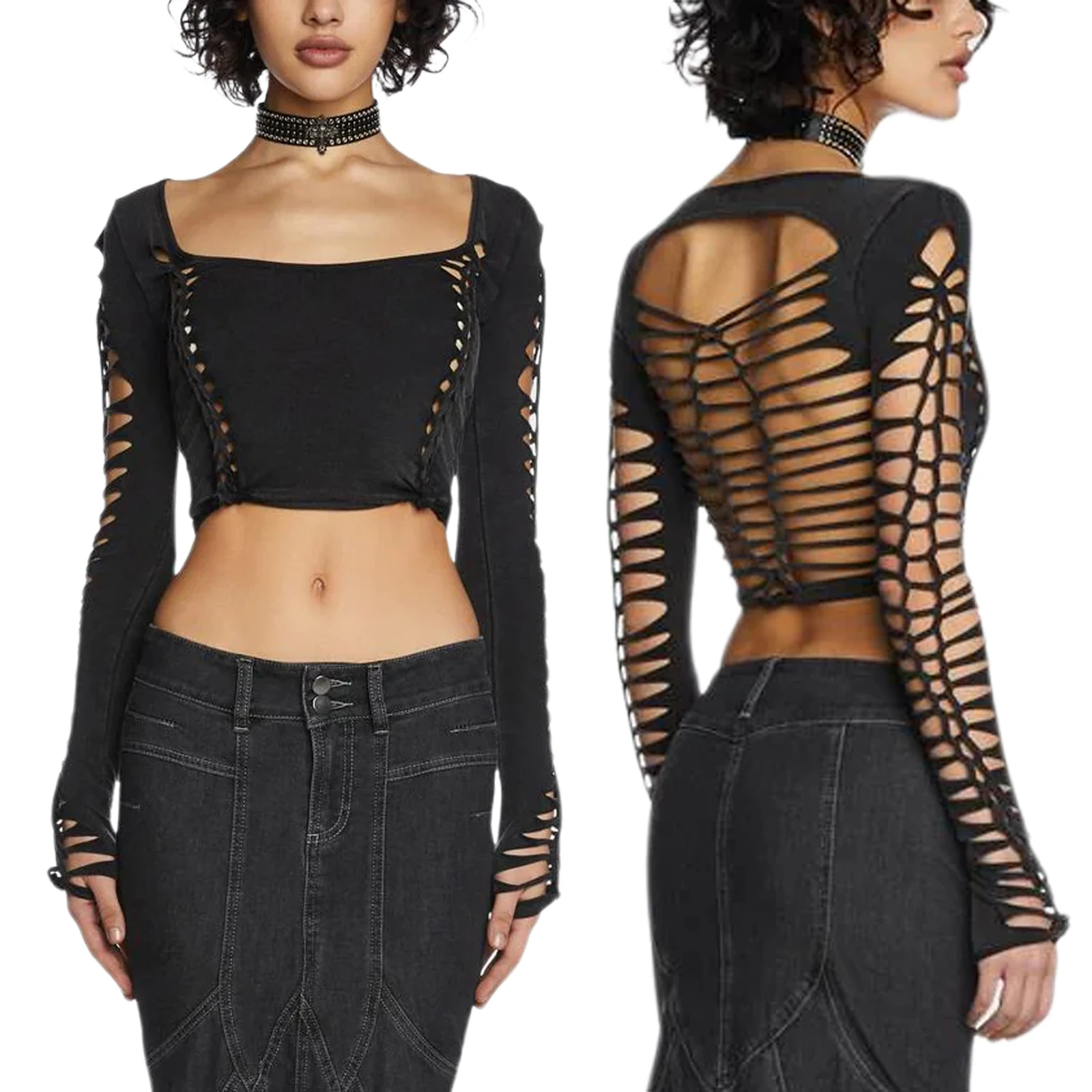 

Y2K Women Fashion Hollow Out Long Sleeve T-Shirts Square Neck Solid Color Cutout Casual Crop Tops Streetwear