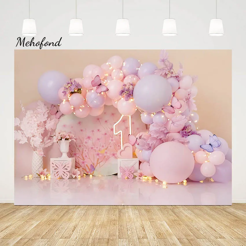 

Фон для фотосъемки Mehofond розовая девушка первый день рождения воздушный шар цветок бабочка фон торт разбивать Декор Фотостудия