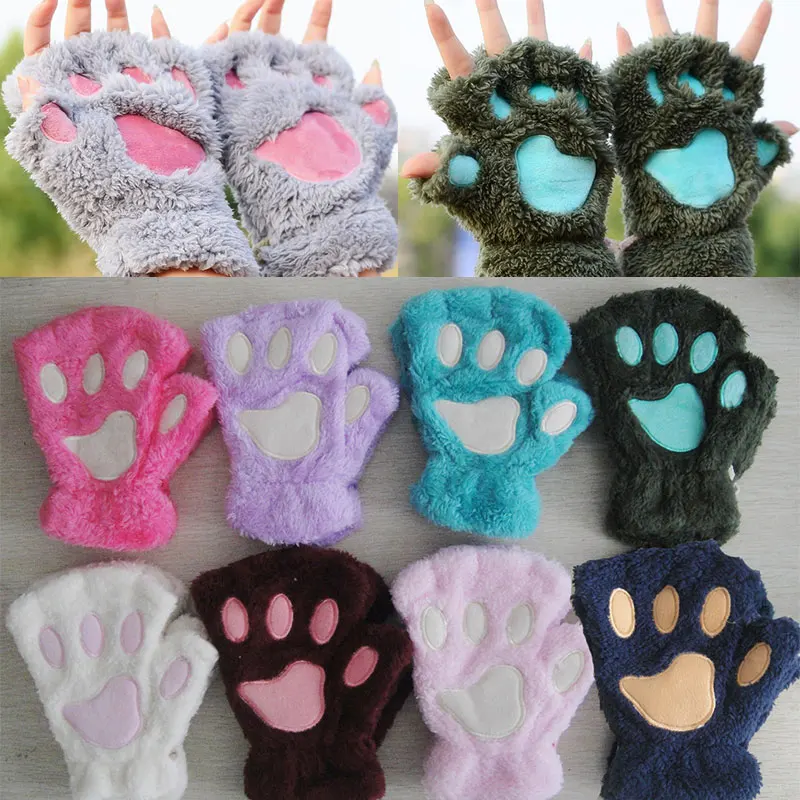 

Women Bear Plush Cat Paw Claw Gloves Winter Warm Faux Fur Gloves Gloves Christmas Halloween For Women Girls Half-finger Gloves