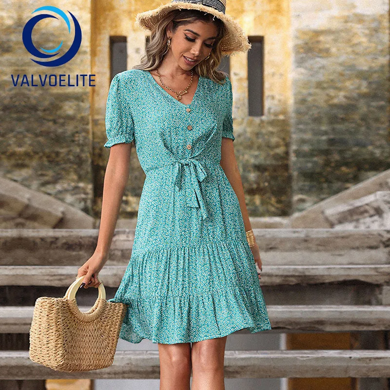 

Summer Woman Short-sleeved Floral Skirt High-waisted Slim V-neck Green Printed Dress Sexy Package Hip Skirt Holiday Beach Skirt