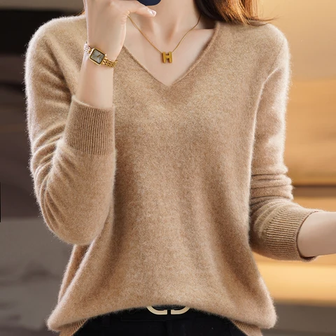 Женский пуловер с V-образным вырезом, свободного покроя