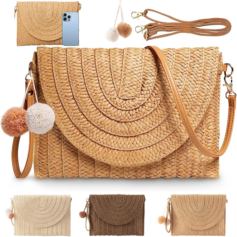 

Straw Clutch Purse for Women Woven Rattan Wicker Envelope Bag Crossbody Wallet Handbags Shoulder Bags Tote Beach Design