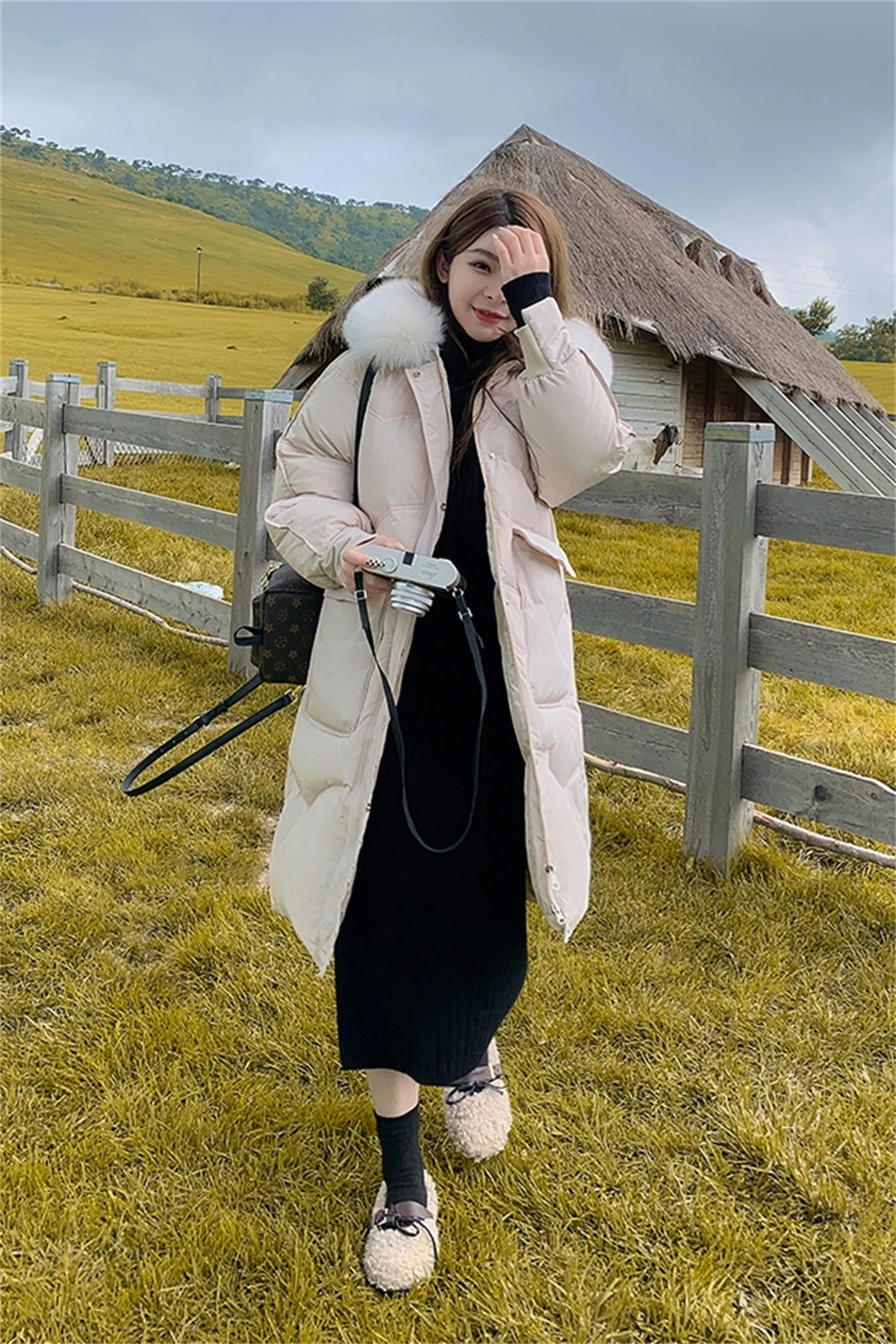 2022 Winter New Korean Version Loose Long Over Knee Hooded Large Fur Collar Bread Coat Thickened Down Cotton Coat Coat