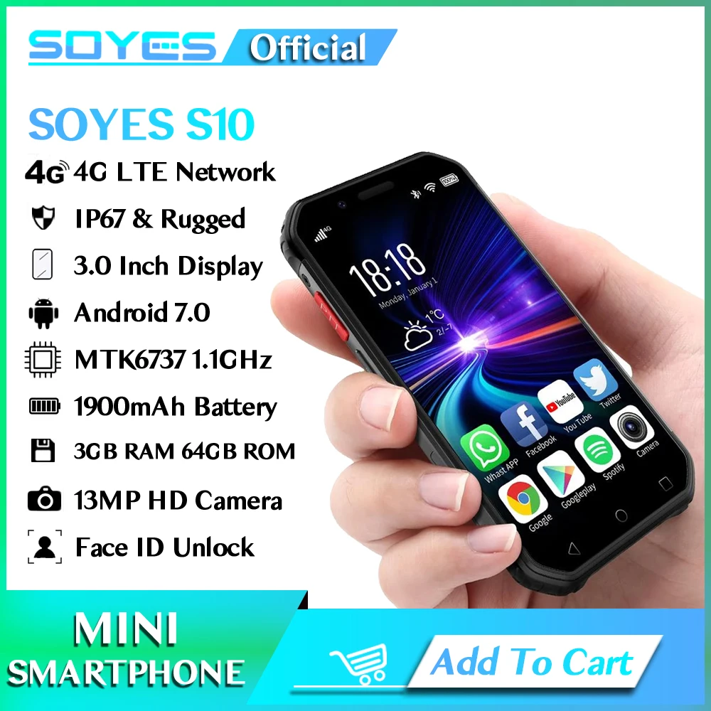 SOYES S10 Waterproof Mini Smartphone Walkie talkie NFC 3GB 32GB 64GB 4G LTE 3'' Fingerprint 5MP Rugged Small Phone PK Melrose XS