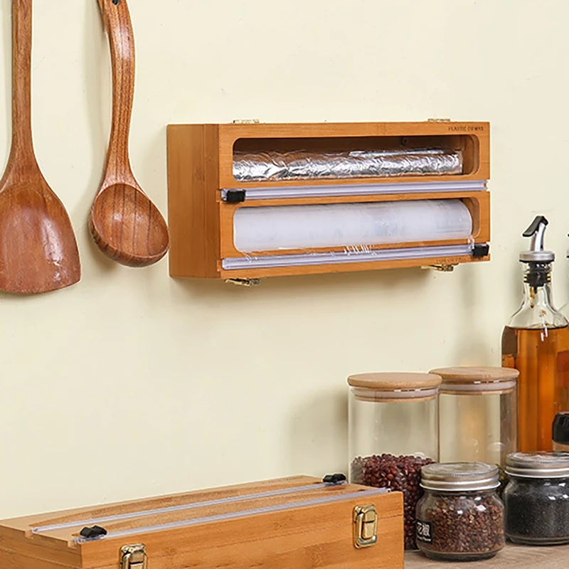 Pаспродажа Диспенсер для обертки, резак, органайзер из пластика и фольги, ящик для пищевой липкой пленки, Алюминиевый слайд, бамбуковый многоразовый Гл...