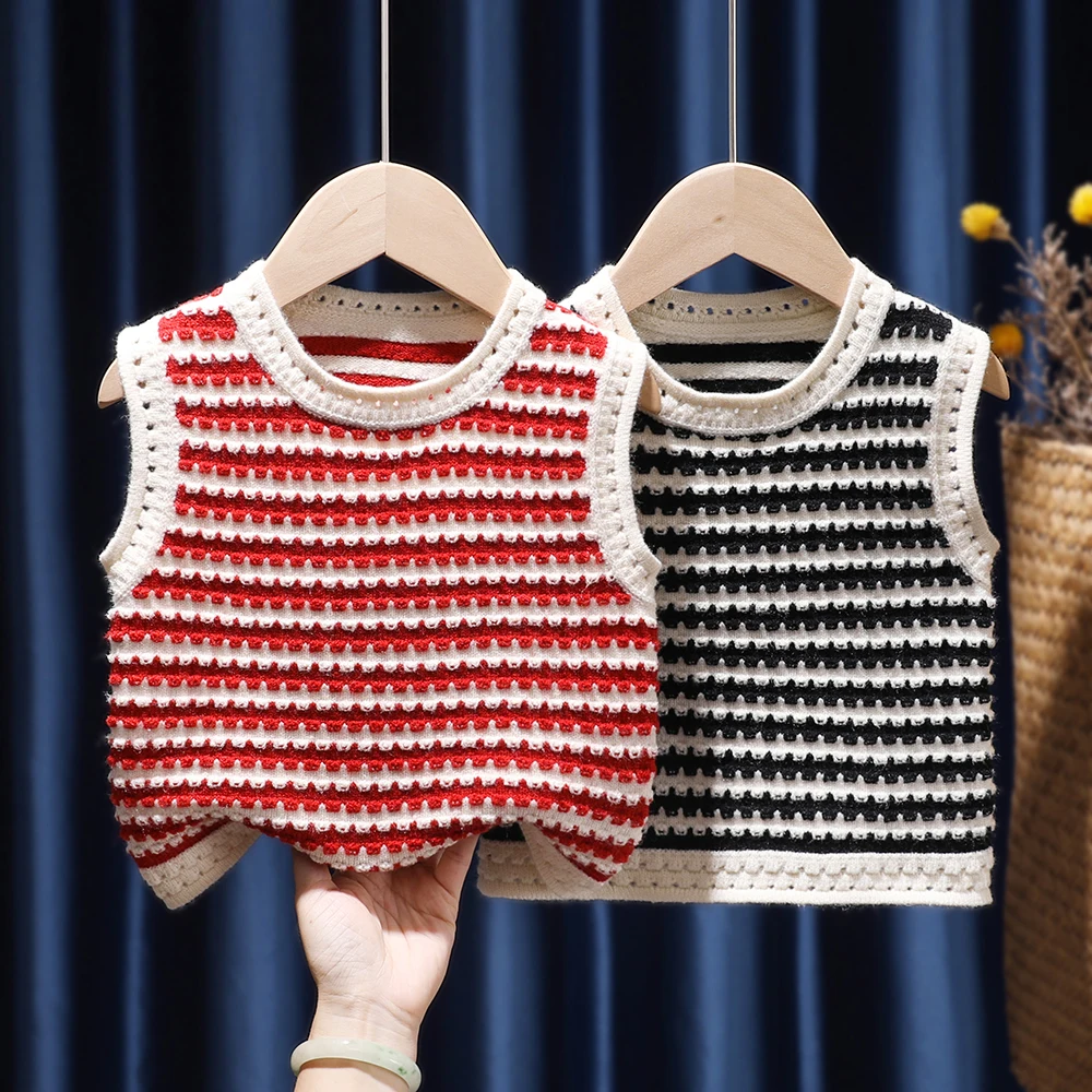 

Spring Autumn Girls Clothing Striped Sleeveless Knitted Vest Sweater Children Pullover Baby Kids Tops Outwear Casual Waistcoat