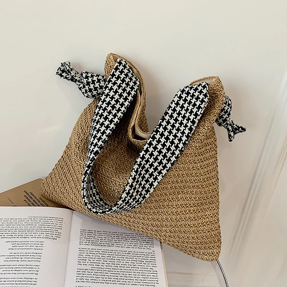 

Straw Bag Women Hand-Woven Handbag Checked Shoulder Strap Rattan Bag Big Capacity Drawstring Casual Beach Shoulder Crossbody Bag