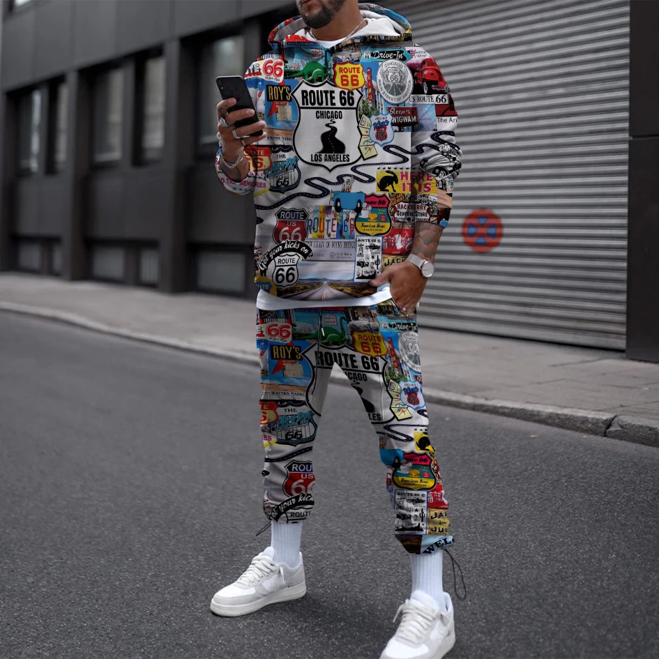 

Spring Rute 66 Printed Men T Shirt Set Long Sleeve Colorful Lines Pullover Top Trousers Party Street Universal Male Tracksuit