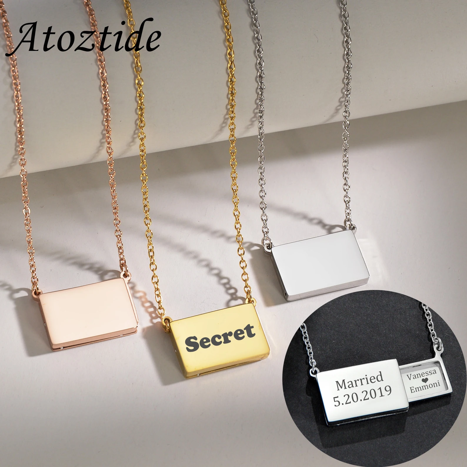 

Atoztide Personalized Engraved Name Pull-out Box Pendants Necklaces High Quality Stainless Steel For Men Women Anniversary Gift